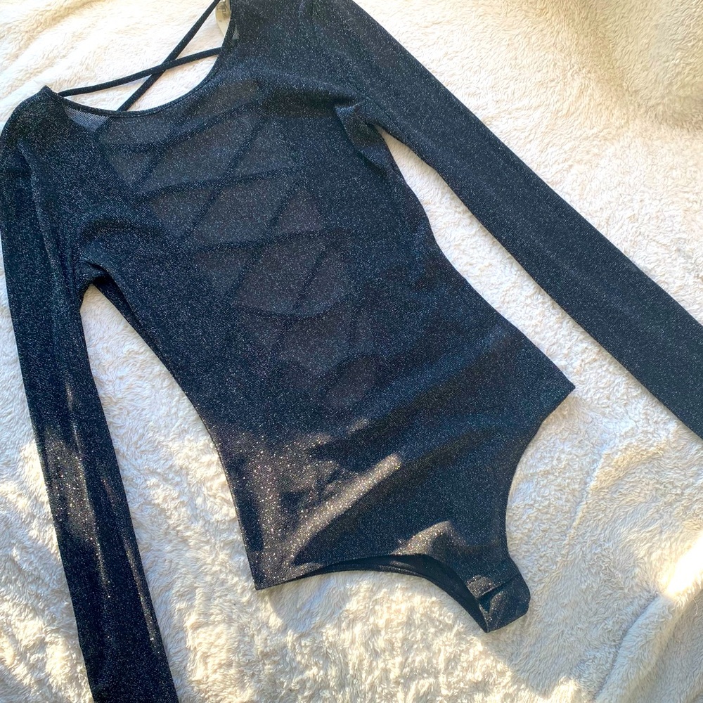 Size S Sheer and Sparkly Long Sleeve Black Bodysuit